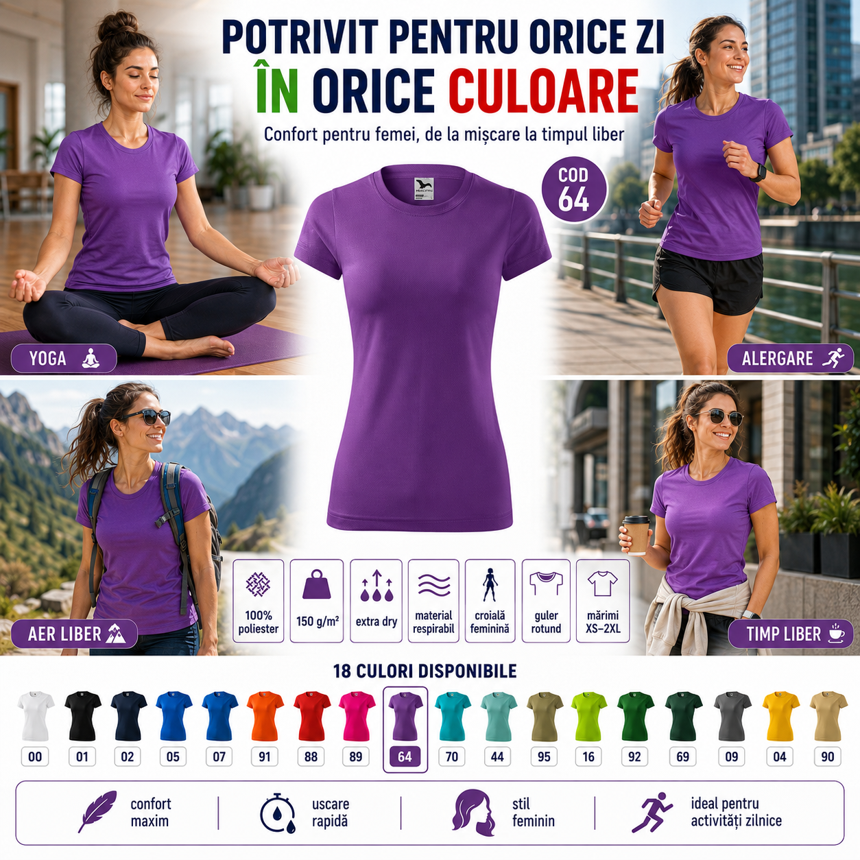 Tricou damă sport potrivit pentru sală, alergare, vacanță activă, timp liber și activități sportive